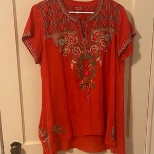 Elegant Red Embroidered Johnny Was Tunic